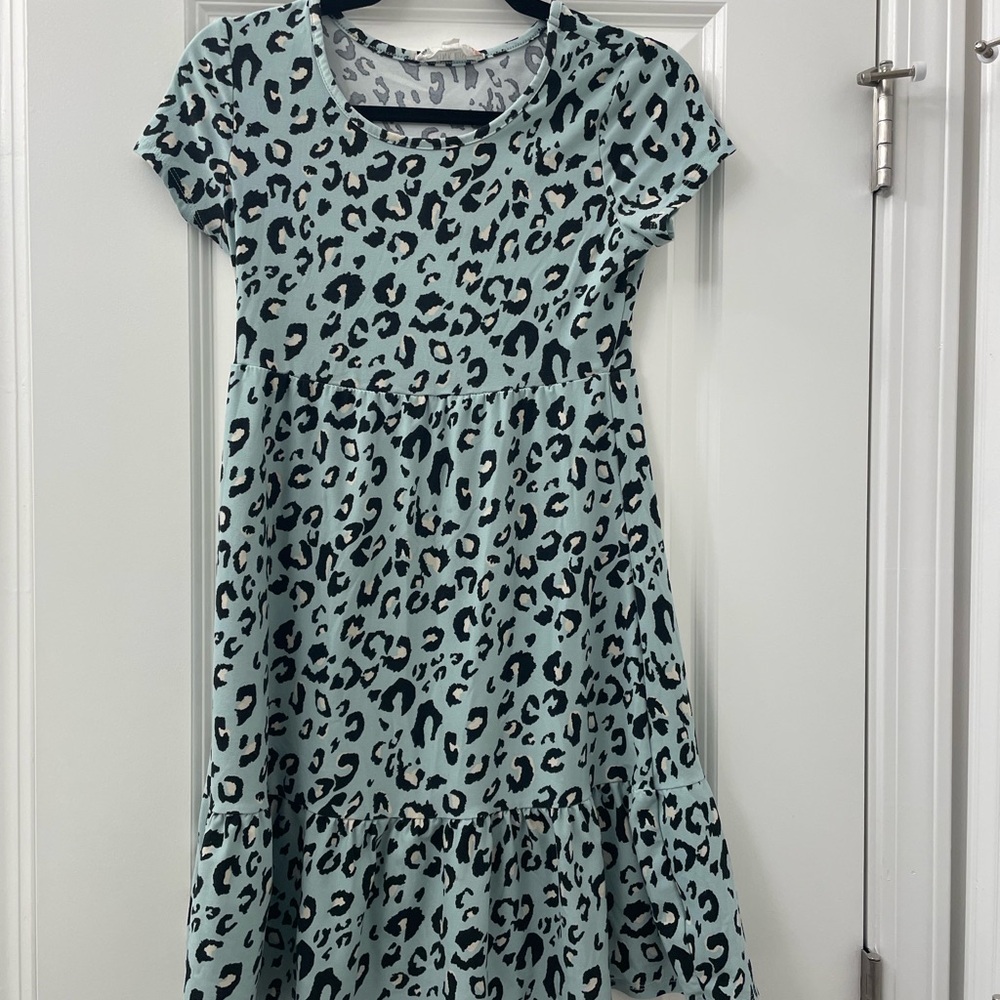 Pink Rose Kids Dress - Teal and Black Leopard Print